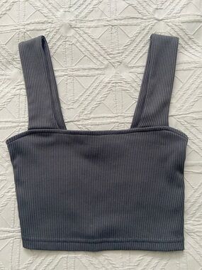 H&M Ribbed Square-Neck Cropped Tank Top in Charcoal Gray